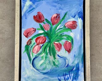Dipinto a olio originale, natura morta "Tulipani in vaso" dell'artista danese.