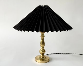 Small 1970’s Danish brass table lamp with a new black chintz, pleated lampshade. Made by ABO Randers, Denmark.