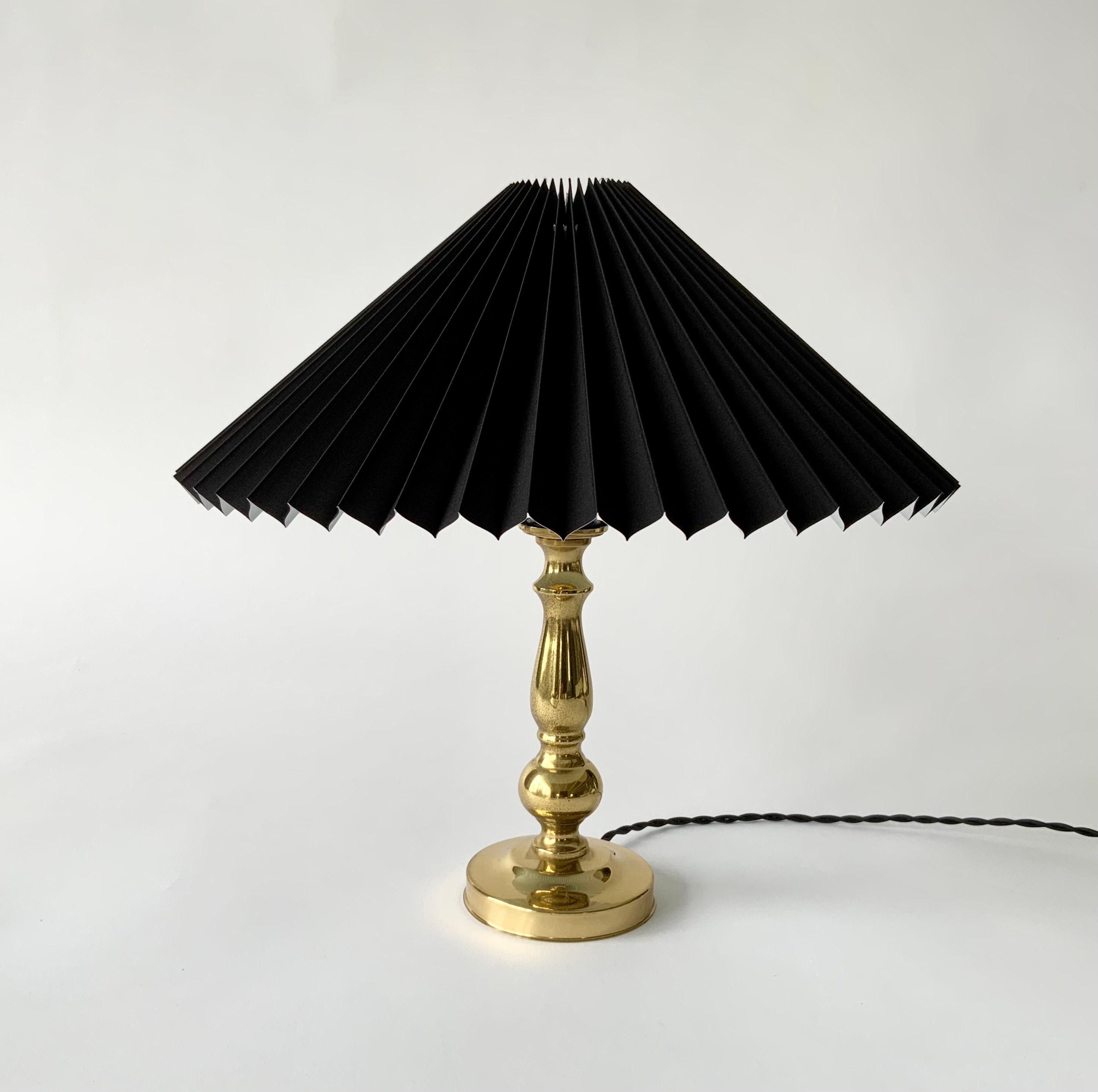 Small 1970s Danish Brass Table Lamp With a New Black Chintz, Pleated  Lampshade. Made by ABO Randers, Denmark. 