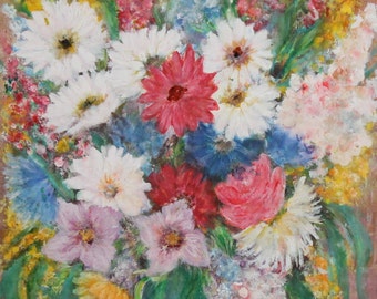 1990 impressionist floral still life oil painting