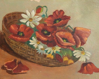 Antique oil painting still life flowers in basket