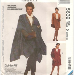 May include: Sew News pattern 5639 for a skirt and jacket. The pattern is for sizes 12, 14, and 16. The pattern is from McCall's and is part of their Fashion Collection. The pattern includes instructions for overlock (serger) sewing.