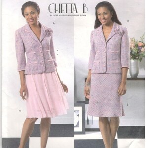 May include: A sewing pattern for a jacket and skirt. The pattern is for sizes 6-8-10-12. The pattern is by Chetta B, by Peter Novello and Sherrie Bloom. The pattern is for a jacket and skirt. The jacket is a cropped jacket with a collar and buttons. The skirt is a knee-length skirt with a waistband. The pattern is for a jacket and skirt.