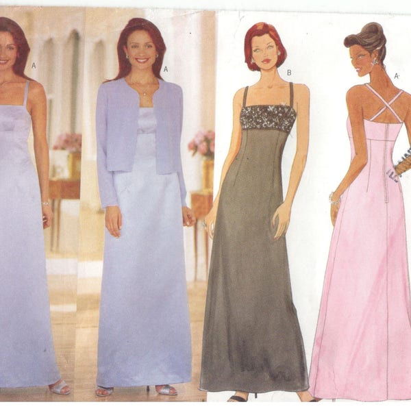 Butterick 6048 Size 6, 8, 10  Womens evening gown with straps, empire waist, long sleeve jacket sewing pattern. Bridesmaid, Nicole Miller