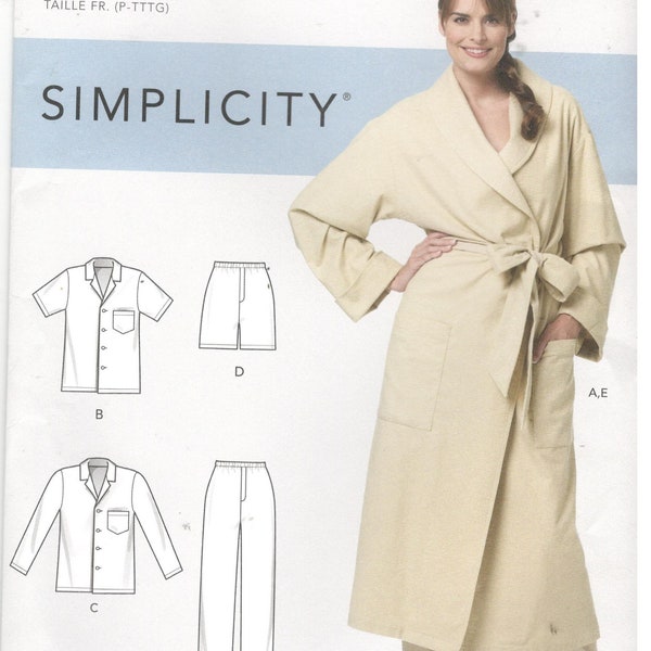 Simplicity 9217 Sizes S, M, L, XL, XXL, XXXL Men's and women's pajama pants, shorts, top and robe pattern.  Dressing gown, house coat, pjs