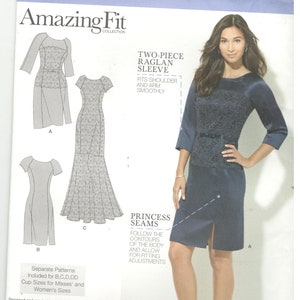 May include: A sewing pattern for a two-piece dress with a raglan sleeve. The pattern includes sizes US 10-18, Euro 36-44, and French 38-46. The pattern is from Simplicity and is part of the Amazing Fit collection. The pattern features princess seams and a split in the skirt.