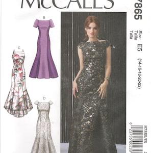 Mccall&#39;s 7865 Size 14, 16, 18, 20, 22 Womens evening gown sewing pattern. Off-the-shoulder dress, princess seam, small train, sleeveless