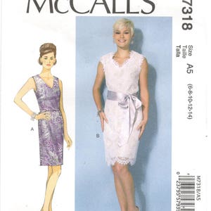 McCall&#39;s 7318 Sizes 6, 8, 10, 12, 14  Women&#39;s sleeveless lined dress sewing pattern. V-neck back and front, lined sheath / shift dress