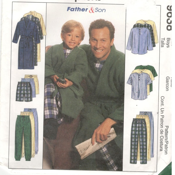 McCall's 9638 Boys Sizes 3, 4, 5, 6, 7, 8 Boys pajama pattern.  Long / short sleeve top and long pants / shorts, house coat / robe with belt