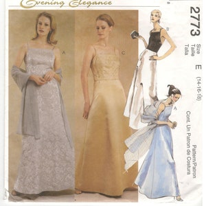 McCall&#39;s 2773 Size 14, 16, 18 Women&#39;s Evening Elegance  stole and gown pattern.  Princess seam bodice with square neckline dress with straps