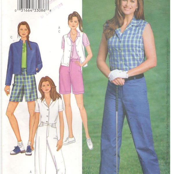 Butterick 3017 Size 6, 8, 10. Women's pattern by Designer Kathy Ireland, sports wear, golf wear, shorts, long pants, top, vest and jacket