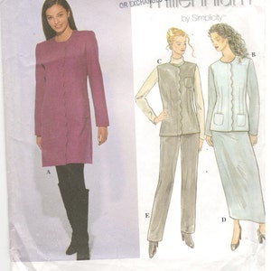 May include: Simplicity pattern 8849 for women's clothing. The pattern includes designs for a long coat, a vest, a skirt, and pants. The package features a photo of a woman wearing a long, button-down coat. The pattern sizes are HH 6, 8, 10, and 12.