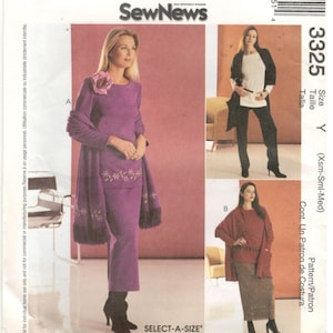 McCall&#39;s 3325 Size 4, 6, 8, 10, 12, 14 Women&#39;s SewNews pattern: top / tunic with side  slits, pants and skirt have elastic waist, and shawl