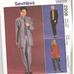 May include: Sewing pattern for a women's jacket and trousers. The pattern is for sizes 4-6 and is for petite figures. The pattern is called "SewNews" and is from McCall's.
