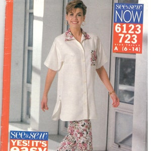 Butterick 6123 / 723 Size 6, 8, 10, 12, 14 Womens elastic waist tapered pants and button front tunic pattern. Top with shaped hem, short slv