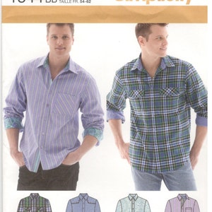 Simplicity 1544 Size 34-42 or 44, 46, 48, 50, 52 Men&#39;s Shirt.  Top stitched shirt with front button band and yoke, long sleeves with pockets