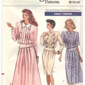 Vogue 7560 Size 8, 10, 12 Womens two piece dress pattern. Slim / flared skirt has waistband, long / short sleeve top has peplum, back button