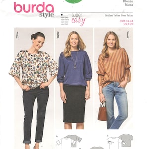 Burda 6458 Size 8, 10, 12, 14, 16, 18, 20 Womens sewing pattern, Easy Burda Style blouse with long or elbow length sleeves, pullover top