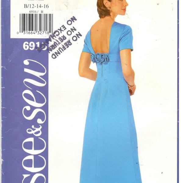 Butterick 6916 Size 12, 14, 16 Womens sewing pattern; Open back, short sleeve, Long formal gown: prom, wedding, mother of bride, bridesmaid