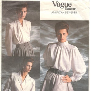 Vogue 1913 Size 6, 8, 10 Womens sewing pattern: Long sleeve, back button blouse or mock wrap blouse.  Designer Oscar de la Renta