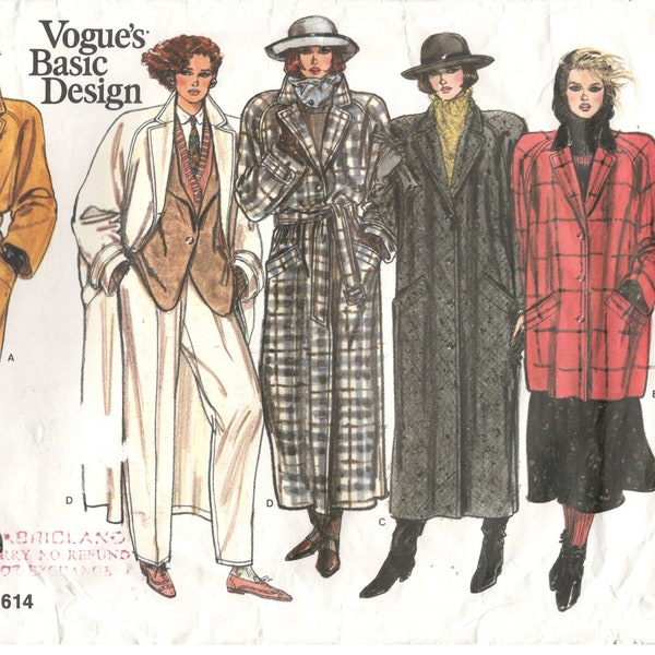 Vogue 1614 Size 6, 8, 10 Womens sewing pattern: Coat, lined coat in two lengthswith long raglan sleeves, button front and collar, pockets
