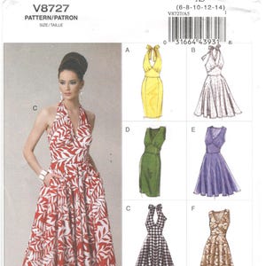 Vogue 8727 Size 6, 8, 10, 12, 14 Vogue easy options sewing pattern. Womens empire waist dress, flared / pencil skirt, sleeveless halter neck