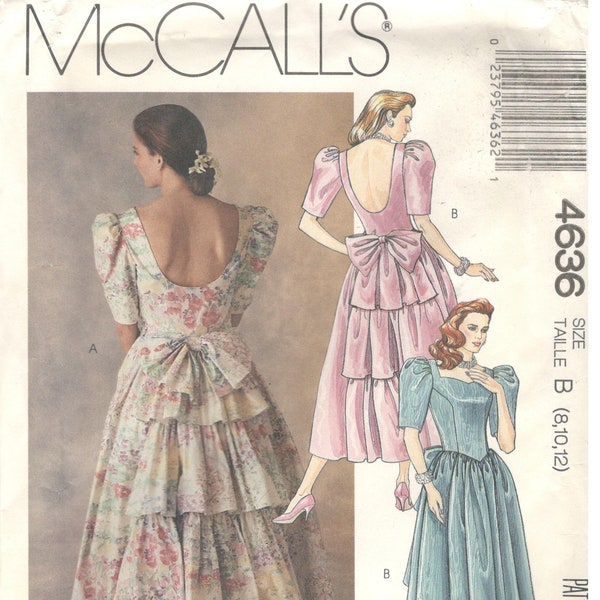 McCall's 4636 Size 8, 10, 12 Womens formal dress pattern: Long formal gown, low back, short sleeve, back ruffles and bow, shaped front waist