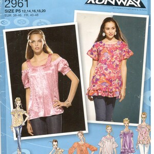 Simplicity 2961 Size 12, 14, 16, 18, 20 Womens Project Runway tops / blouses / tunics with sleeve variations. Cold shoulder, flared sleeves.