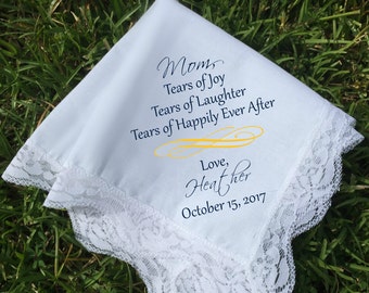 Mother of Bride Gift, gift for Mom on Wedding Day,  Wedding Hankie for Bride's Parents, PRINTED Wedding Handkerchief (H 020)