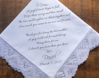 Mother of the Groom Gift from Son, Wedding handkerchief for Grooms Mom, custom keepsake for parents on Wedding Day. PRINTED hankie (H 0382)