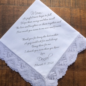 Mother of the Groom Gift from Son, Wedding handkerchief for Grooms Mom, custom keepsake for parents on Wedding Day. PRINTED hankie (H 0382)