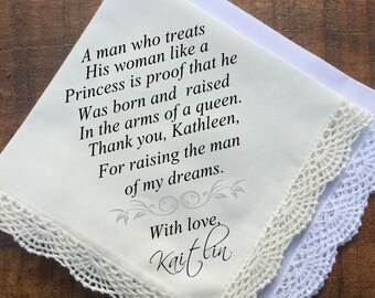 Mother of groom gift, mother-in-law Wedding handkerchief, lace IVORY handkerchief PRINTED keepsake, Gift for Groom's mom from bride H 049)