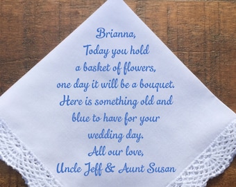 Flower Girl Gift, Wedding Party Gifts, Bridesmaid Handkerchief, Wedding Favors Keepsake, Something Blue Old, PRINTED Handkerchief (H 007)