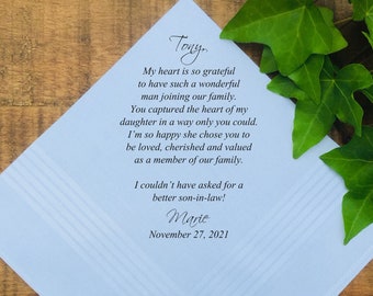 Wedding Gift, son in law gift from mom, Wedding Handkerchief for new son, Wedding Hankie for son in law PRINTED (H 072)