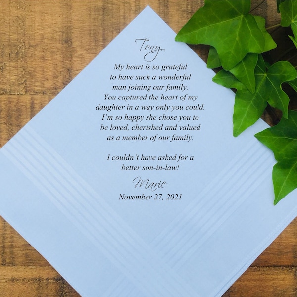 Wedding Gift, son in law gift from mom, Wedding Handkerchief for new son, Wedding Hankie for son in law PRINTED (H 072)