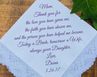 Wedding Handkerchief Mother of the Bride Gift Mother of the Groom Gift Mother in law Handkerchief wedding gift idea keepsake PRINTED (H 144)