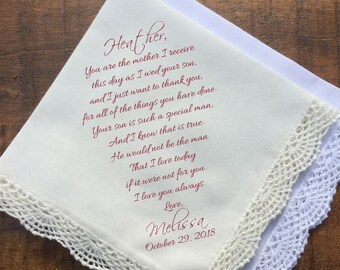 Madre del novio Pañuelo de boda, regalo personalizado para la futura suegra, hanky de boda IMPRESO personalizado para la madre del novio (H 022)