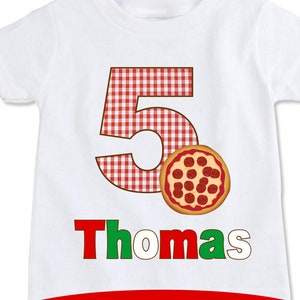 Pizza cumpleaños fiesta italiana camiseta temática, nombre personalizado de los niños, primero, 2o cumpleaños, 3o, 4o, 5a camisa de fiesta, camisa de pizza para niños pequeños (EX 339)