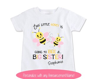 Big Sister Pregnancy announcement tshirt, Bumble Bee birth reveal shirt, Going to be Big Cousin Personalized with Child's name! (EX 343)