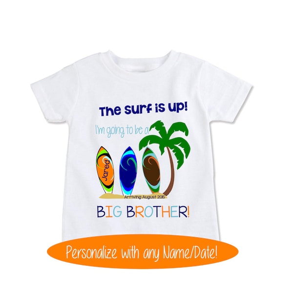 Big Brother announcement shirt, big cousin shirt, summer beach surfboard big brother t shirt, pregnancy reveal, birth announcement (EX 209)