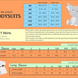 May include: Size chart for kids' t-shirts with short and long sleeves. The chart shows chest width and shirt length measurements in inches for sizes 12 months, 18 months, 2, 3, 4, 5/6, 6/8, 10/12, and 14/16.