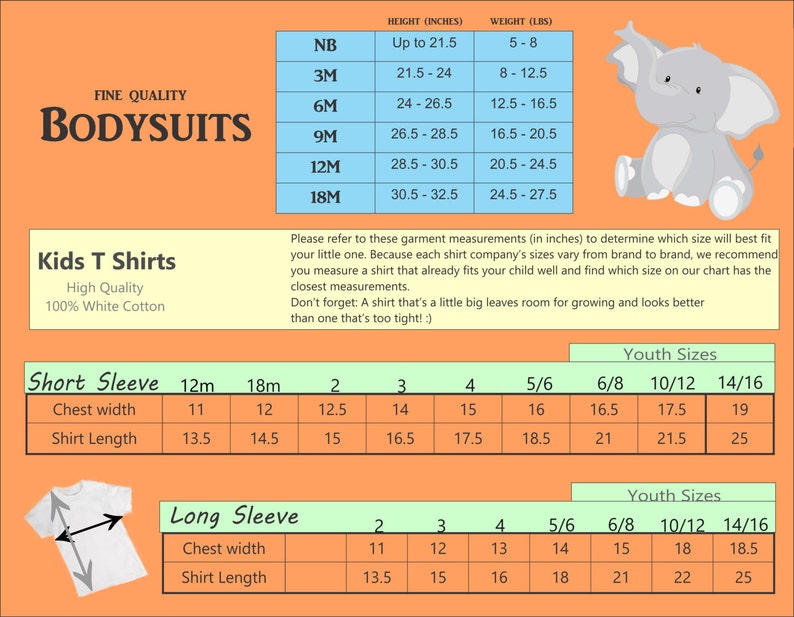 May include: Size chart for kids' t-shirts with short and long sleeves. The chart shows chest width and shirt length measurements in inches for sizes 12 months, 18 months, 2, 3, 4, 5/6, 6/8, 10/12, and 14/16.