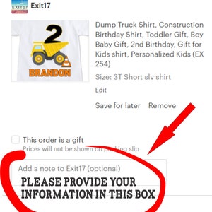 May include: A white short-sleeved shirt with a yellow dump truck and the number 2 printed on it. The name Brandon is printed below the truck. The shirt is for a 2nd birthday.