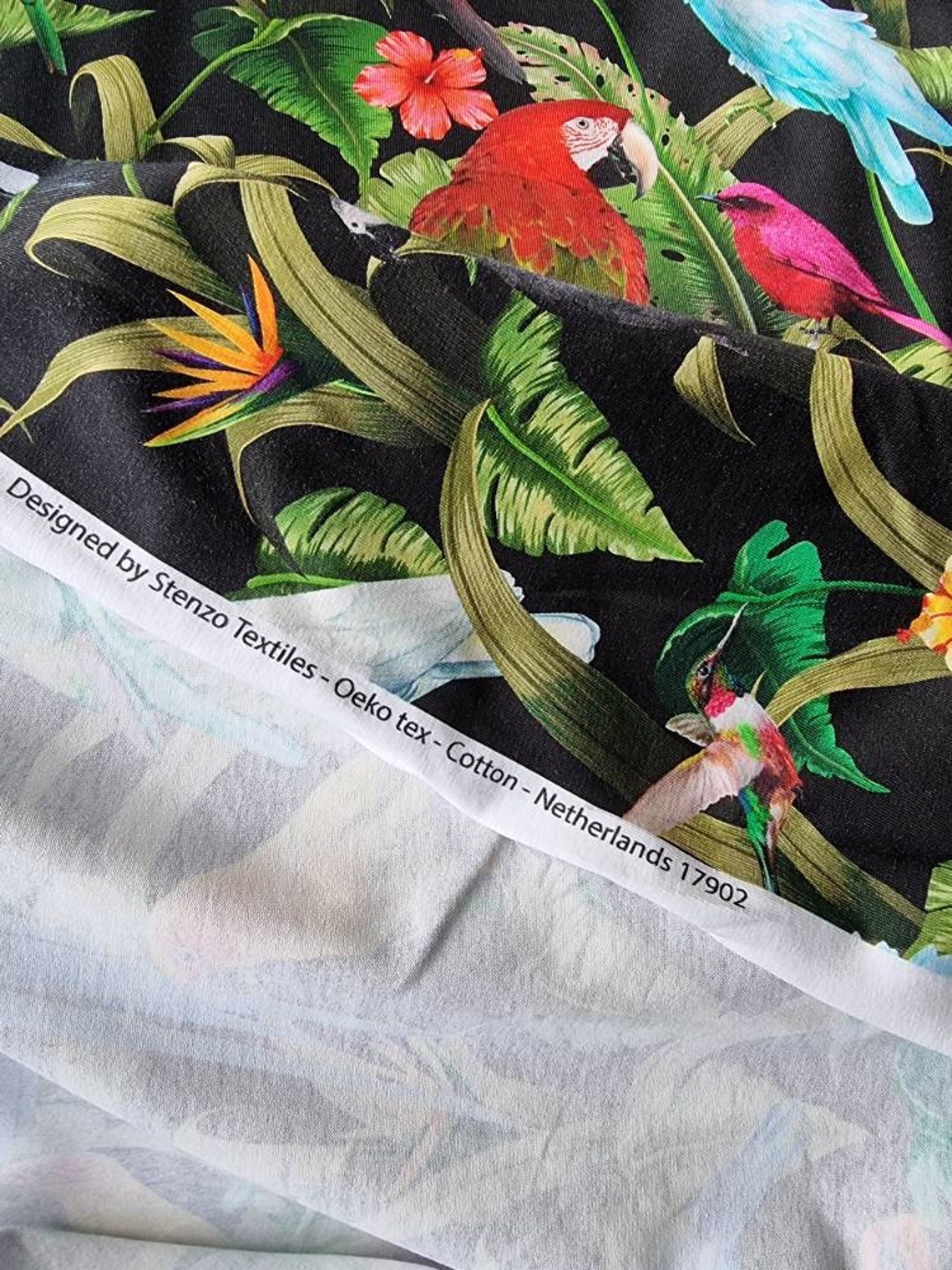 Exotic parrot print Cotton Jersey Fabric black colourful bird | Etsy