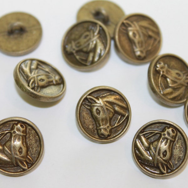 10 metal horse head carved round antique bronze color buttons, shank metal buttons, sewing, adult, jeans buttons, 15 mm