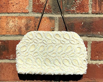 Beaded Purse/Clutch. Iridescent White Italian Beads, Silk Lined w/ Kiss-Lock Closure