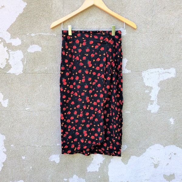 Poppy Wrap Skirt. Vintage, Faux Wrap, Floral Midi-Skirt