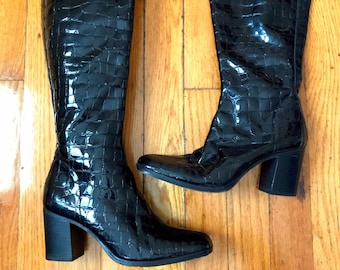 Faux Croc Boots. 90's Black Patent Leather Tall Boot.