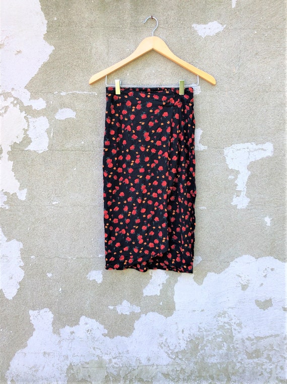 Poppy Wrap Skirt. Vintage, Faux Wrap, Floral Midi-