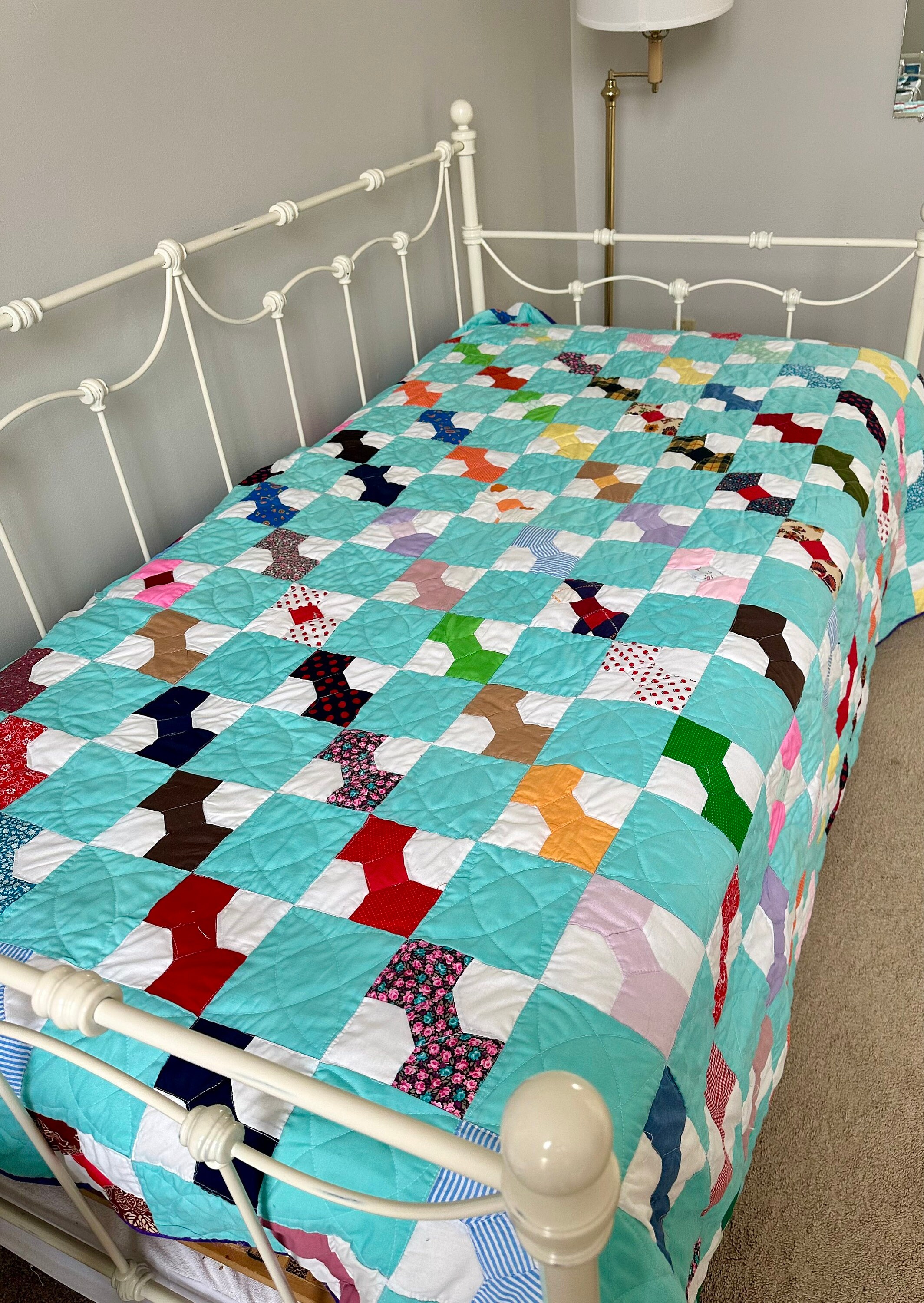 Bow Tie Quilt Patchwork Twin Full Size Aqua Color Etsy